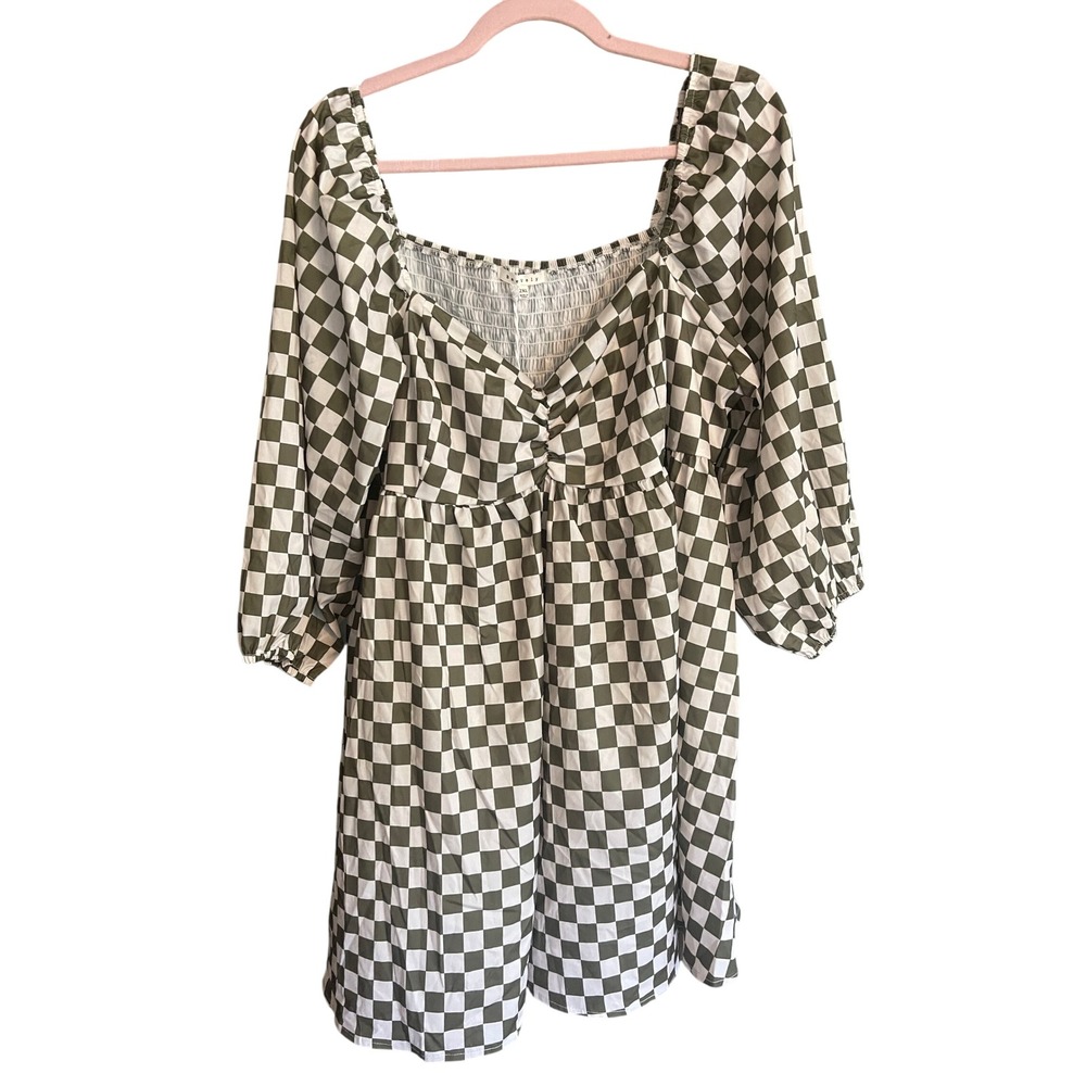 NWT Baevely Olive Green Checkered Mini Dress Sweetheart Smocked Back Womens 2XL